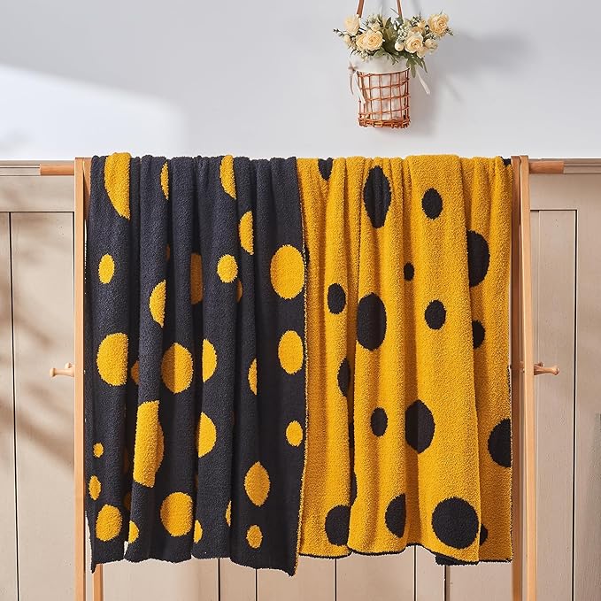 CozeCube Super Soft Fullfy Microfiber Reversible Knitted Blankets, Warm Cozy Fuzzy Plush Throw, Black and Yellow Polka Dot Throw Blanket for Couch Bed Sofa, 60" x 80"