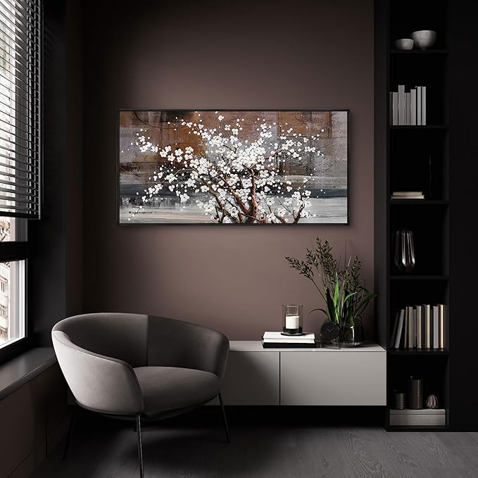 KLAKLA Framed Wall Art - Black Frame Canvas Wall Decor - Flower Picture Artwork for Wall - Large Paintings for Living Room Brown Background Bedroom Office Plum Blossom Art Prints 20x40