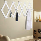 Dseap Accordian Wall Hanger: 16” High Wooden Wall Expandable Coat Rack, Hat Rack Holder, Accordion Hook for Baseball Caps, Coats, Mugs, 16 Peg Hooks, White