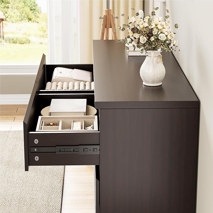 Modern 6 Drawer Dresser - Simply Chest of Drawers for Bedroom, Closet, Living Room, Hallway, Entryway, Wood Storage Double Dresser with Smooth Metal Rails - Retro Brown