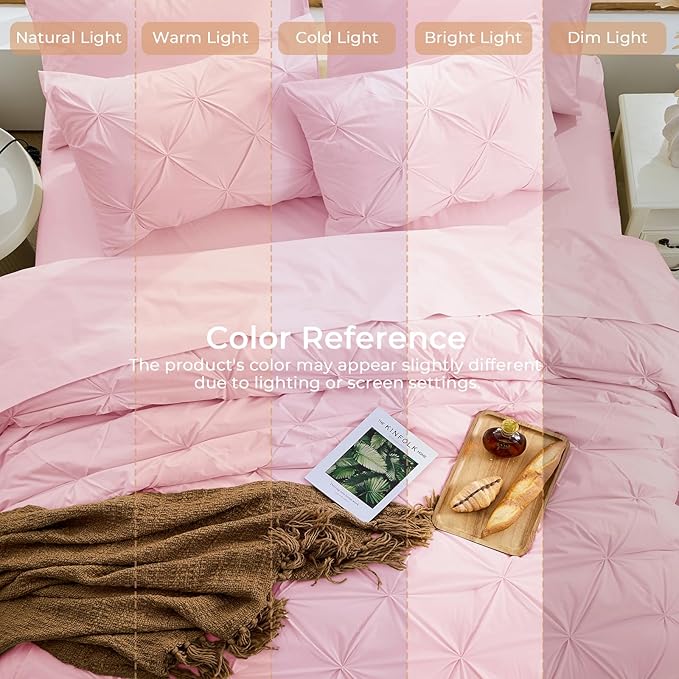 Sasttie Full Size Comforter Set, 7-Piece Bed in a Bag, Pintuck Bedding Set for All Season, Includes Comforter, Flat Sheet, Fitted Sheet, Pillowcases and Pillowshams, Baby Pink