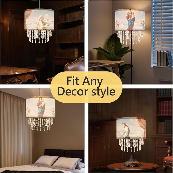 Madonna & Child Lamp Shade with Acrylic Bead Droplets, Drum Fabric Light Shade for Ceiling Pendant Table & Floor Lamps, Religious Catholic Christian Church Prayer, 11.8in