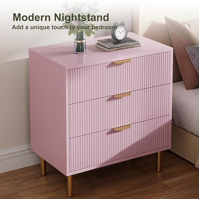 GarveeHome Pink Dresser, Modern 3 Drawer Dresser for Bedroom with Gold Handle and Large Drawer, Wood Double Chest of Drawers and Storage Organizer for Living Room, Hallway, Entryway