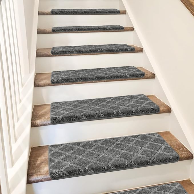PURE ERA Bullnose Carpet Stair Treads Set Tape Free Non-Slip Indoor Stair Protectors Pet Friendly Rugs 9.5" x 30"(2 Pieces,Grey Diamond Trellis)