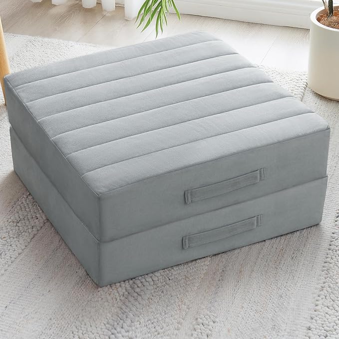 2 Pcs High Density Foam Floor Pillow - Upgraded Large Pillows Seating for Adults - Outdoor Floor Cushion with Soft Tufted Cover - Yoga Pillows for Sitting On Floor - 22 Inch Light Gray