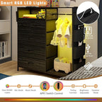 Dresser for Bedroom with Clothes Rack Side Pockets 5 Drawer Dresser with Charging Station LED Lights Black Storage Chest of Drawers for Nursery Hallway Closet Sturdy Steel Frame Wood Top