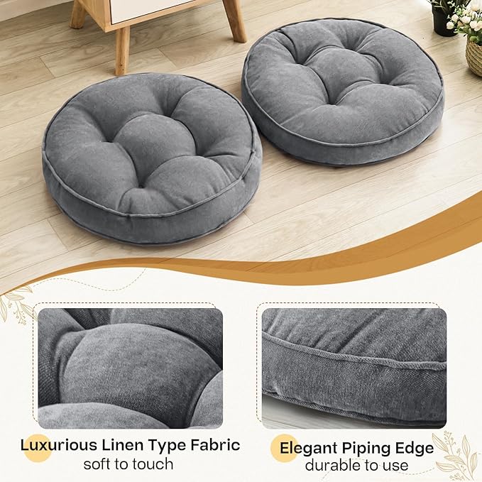 Floor Pillow Set of 2, Memory Foam Floor Cushions for Adults, Large Meditation Pillow for Sitting, 22 x 22 Inches (Round | Grey)