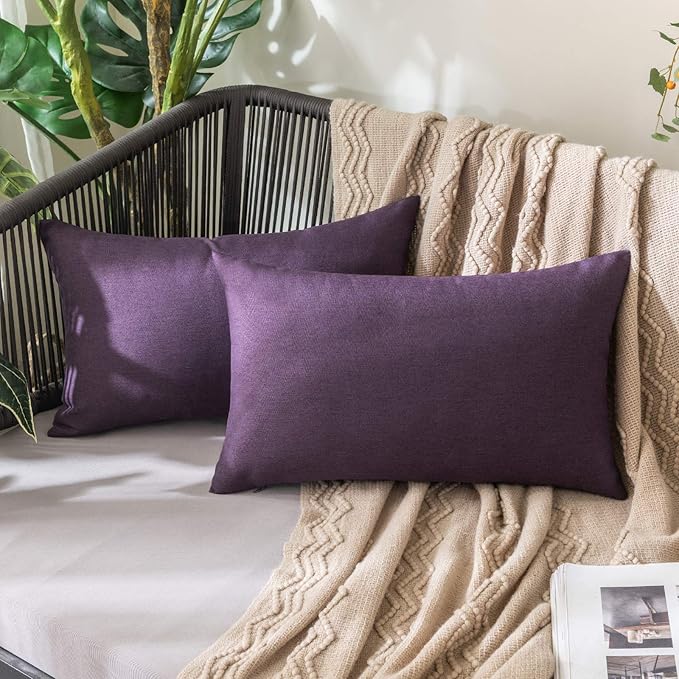 MIULEE Pack of 2 Decorative Outdoor Solid Waterproof Throw Pillow Covers Faux Linen Garden Farmhouse Cushion Cases for Patio Tent Balcony Couch Sofa 20x12 Inch Purple