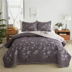 Flysheep Quilt Set 3 Pieces Full/Queen Size, Black Leaves Botanical Design Reversible Bedspread Coverlet Set, Soft Microfiber Lightweight Bed Cover for All Season (90" x 90", 1 Quilt+ 2 Pillow Shams)