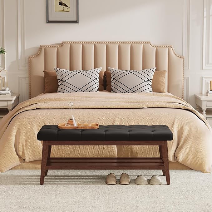 LEILISI Entryway Shoe Bench with Storage, End of Bed Bench, Microfiber Leather Upholstered Button-Tufted Seat Bench with Solid Wood Frame for Living Room, Bedroom (Black, 43.3'')