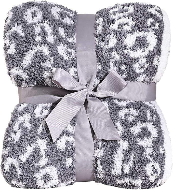 Panku Ultra Soft Leopard Throw Blanket, Cozy Knit Warm Cheetah Fleece Blankets for Couch and Sofa, Knit Reversiable Luxury Fluffy Blanket Throw (50x60 Inches, Snow Light Grey)