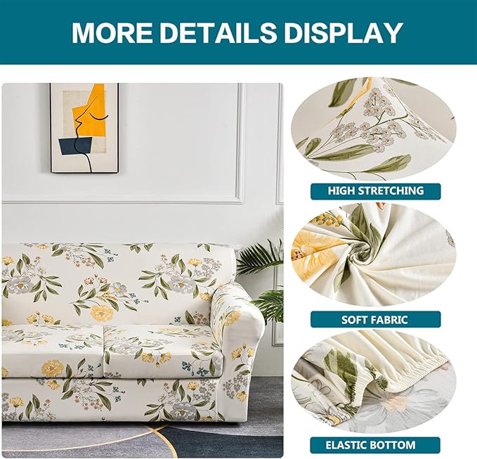 KRFOONN 3 Piece Stretch Sofa Couch Covers for 2 Cushion Couches Printed Sofa Loveseat Slipcover with 2 Separate Seat Cushion Covers Washable Sofa Slip Covers Furniture Protector (Loveseat, 24), Medium