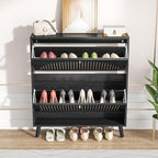 Shoe Storage Cabinet for Entryway with 2 Flip Drawers, Narrow Wood Shoe Cabinet with Fluted Panel, Freestanding Hidden Shoe Organizer for Foyer, Hallway (Black - No Shelf)