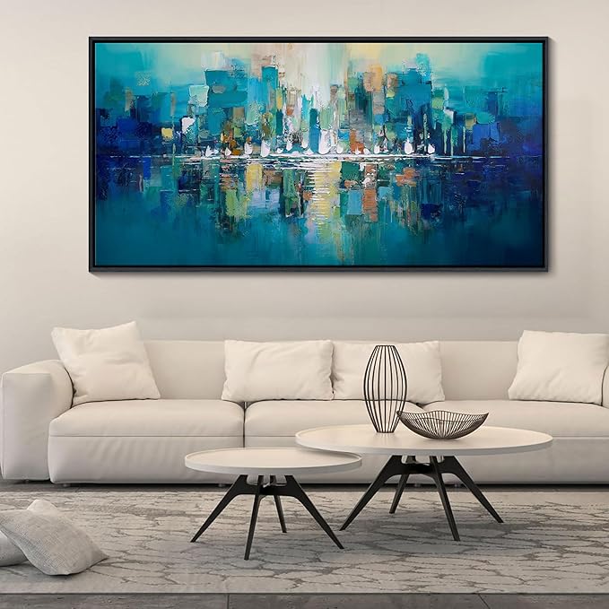 Large City view Painting Wall Art Abstract Picture for Living Room green and Yellow Home Bedroom Decoration Modem Wall Art Framed Artwork Decor 29x58