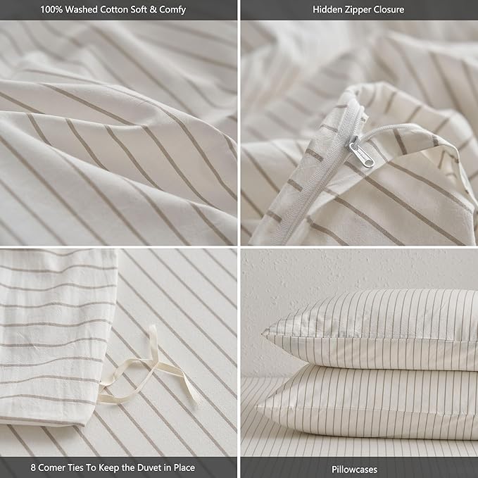 MooMee Striped Duvet Cover Set 100% Washed Cotton Linen Like Textured Breathable Durable Soft Comfy (White Tannish Linen Grey Wide Stripes, Super Queen 90"x98")