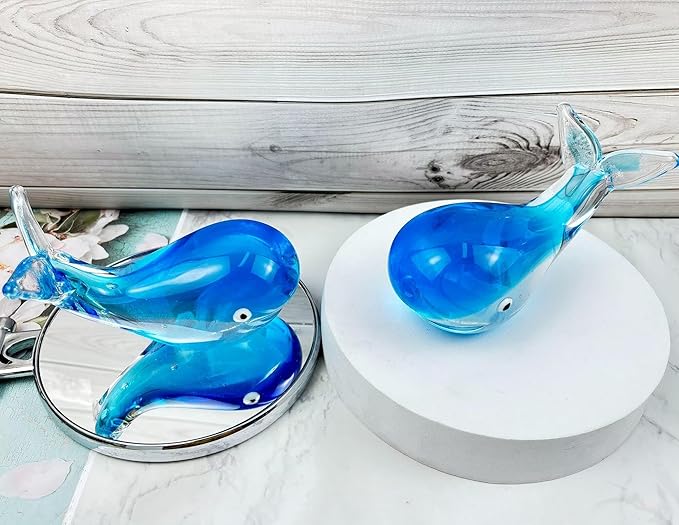 Crystal Whale Figurine Hand Blown Glass Whale Statue Collectibles Art Glass Sea Animal Paperweight Home Table Decor Gift Blue 5.1''