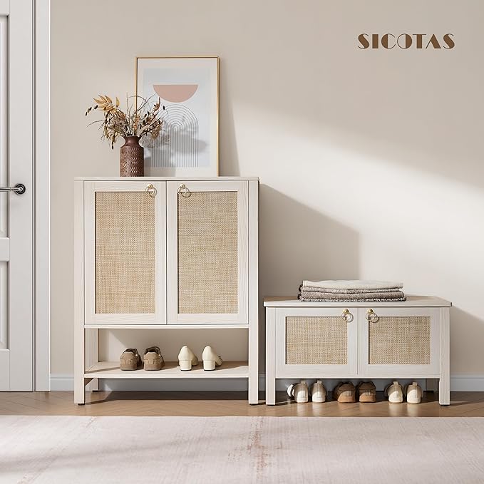 SICOTAS Rattan Shoe Rack Bench with Lift Top Storage: White Farmhouse Boho Shoe Cabinet Entryway Bench with Safety Hinges, Wooden Storage Chest for Bedroom, Entryway, Hallway, Living Room