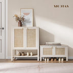 SICOTAS Rattan Shoe Rack Bench with Lift Top Storage: White Farmhouse Boho Shoe Cabinet Entryway Bench with Safety Hinges, Wooden Storage Chest for Bedroom, Entryway, Hallway, Living Room