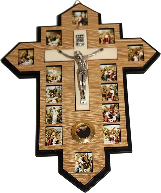 Holy Land Market Three Layers Olive Wood Crucifix - 14 Stations icons of the Cross, Handcrafted Holy Land Wall Cross, 7x5.5 in