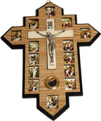 Holy Land Market Three Layers Olive Wood Crucifix - 14 Stations icons of the Cross, Handcrafted Holy Land Wall Cross, 7x5.5 in