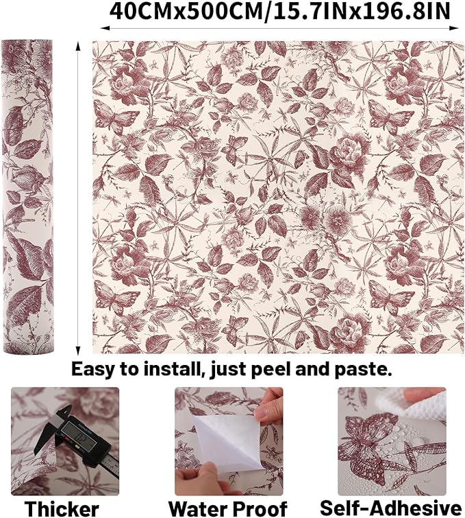Drawers Liner Contact Paper for Dresser Peel and Stick Wallpaper Sketched Design 15.7x196.8in Self Adhesive Removable Red Maroon Rose Floral Butterfly Vintage Cabinet Shelf Renter Friendly