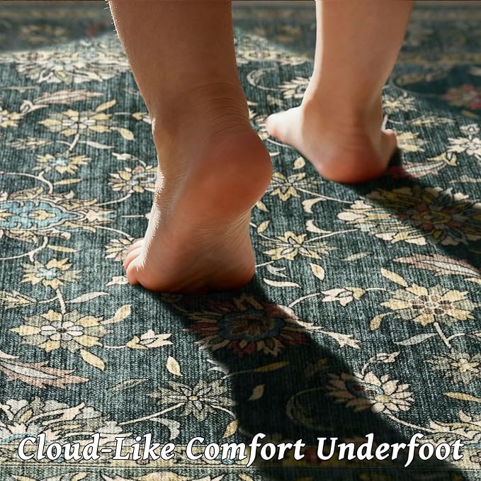 Washable 8x10 Area Rugs for Living Room, Boho Non-Slip Vintage Distress Large Rugs for Bedroom Dining Room Nursery Office, 0.3" Neutral Oriental Throw Thin Carpet, Sage Green/Blue/Multi