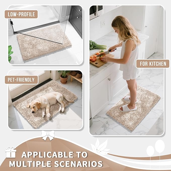 Yimobra Chenille Bathroom Rugs Non Slip, Extra Thick Soft Absorbent Bath Rug 31.5x20 Inch, Machine Washable Quick Dry Bath Mat for Bathroom Floor, Tub and Shower, Home Decor Accessories, Khaki