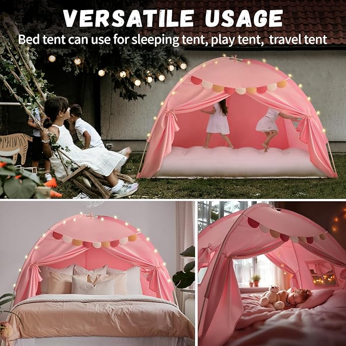 Razee Full Size Bed Canopy for Kids, Girls Bed Tent Dream Privacy Sleeping Tents Indoor, Toddler Under Bunk Bed Pink Tent with Pennant Banners