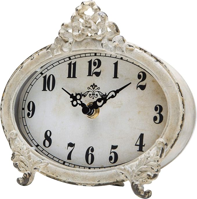 NIKKY HOME Vintage Table Clock, Battery Operated Rustic Design, Chic Home Décor for Fireplace Mantel, Shelf, Desktop, Countertop - Distressed White