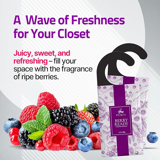 Berry Closet Deodorizer Odor Eliminator | Lasts 4 Months (6 Pack) | Scented Wardrobe and Closet Freshener Odor Eliminator | Eco-Friendly | Drawer Sachets and Small Space Air Freshener by Perfa