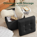 17.7" Ottoman with Storage, Square Storage Ottoman for Dorm, Linen Ottomans with Legs for Living Room, Bedroom, Black