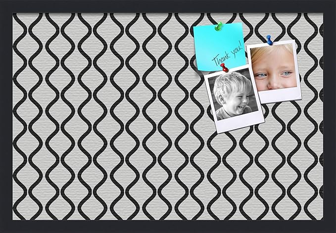PinPix ArtToFrames 14x22 Custom Cork Bulletin Board Black and White Waves Poster Board Has a Fabric Style Canvas Finish, Framed in Satin Black (PinPix-194)
