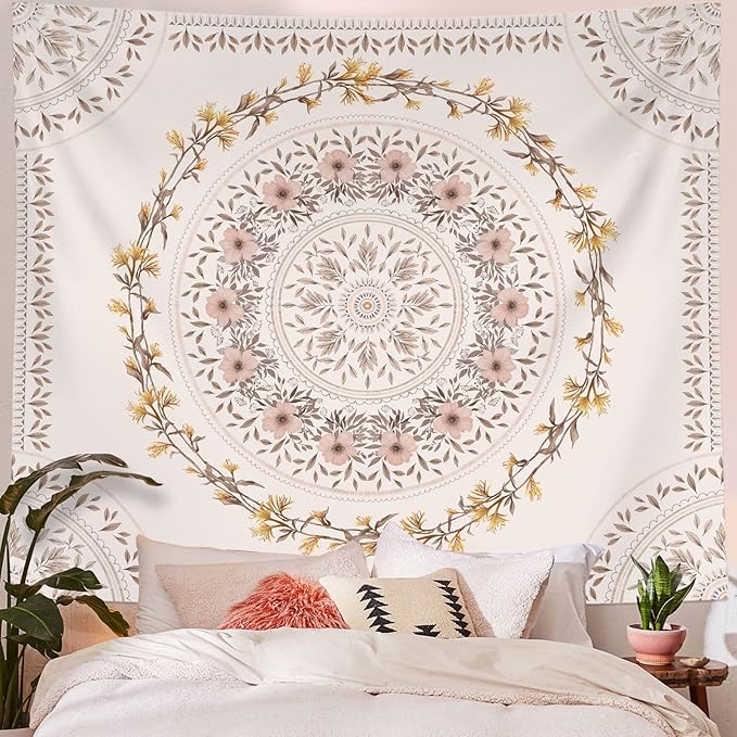 Lifeel White Pink Bohemian Tapestry Wall Hanging, Mandala Floral Medallion Hippie Tapestry with Light Brown Aesthetic Wreath Design, Cream Wall Decor Blanket for Bedroom Home Dorm, XLarge 80×90 inches