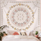 Lifeel White Pink Bohemian Tapestry Wall Hanging, Mandala Floral Medallion Hippie Tapestry with Light Brown Aesthetic Wreath Design, Cream Wall Decor Blanket for Bedroom Home Dorm, XLarge 80×90 inches