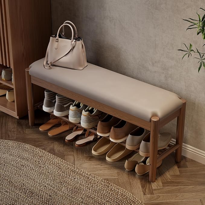 AQIMUELE Shoe Bench Entryway with Cushion, Solid Wood Bench with Shoe Storage, 2-Tier Shoe Rack Bench for Entryway,Hallway (Gray)
