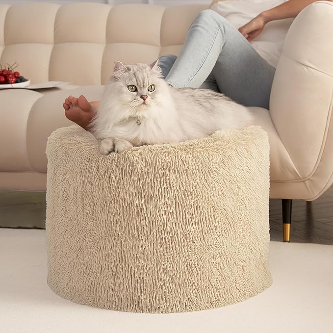 Hansleep Round Pouf Ottoman Foot Rest, 20 x 15 Small Faux Fur Stuffed Pouf for Chair, Foam Filled Foot Stools Ottomans for Living Room, Brown