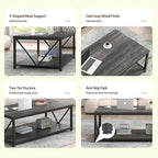 FOLUBAN Industrial Coffee Table with Storage Shelf, Modern Rustic Wooden and Metal Rectangle Center Table for Living Room, Dark Gray, 47 Inch