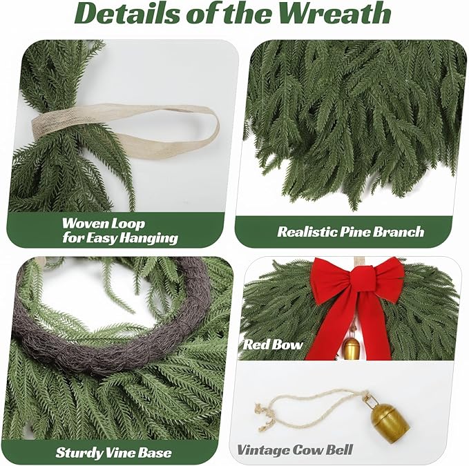 24" Norfolk Pine Wreath, Artificial Christmas Wreaths, Real Touch Green Winter Garland for Front Door Wall Indoor Outdoor Christmas Holiday Decor, with Bow & Bell, FF12