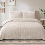 Exclusivo Mezcla Ultrasonic Twin Quilt Bedding Set, Lightweight Brich Beige Bedspreads Soft Modern Geometric Coverlet Set for All Seasons (1 Quilt and 1 Pillow Sham)
