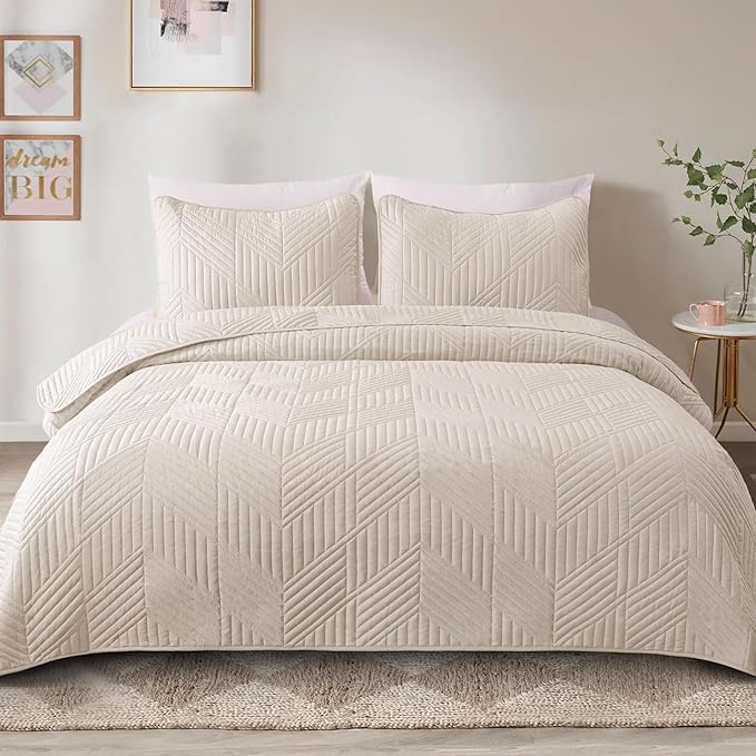 Exclusivo Mezcla Ultrasonic Full Queen Quilt Bedding Set, Lightweight Brich Beige Bedspreads Soft Modern Geometric Coverlet Set for All Seasons (1 Quilt and 2 Pillow Shams)