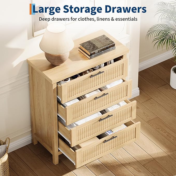 IDEALHOUSE Fluted 4 Drawers Dresser for Bedroom, 35.4" Tall Chest of Dressers for Closet, 4 Fluted Drawers with Metal Handle, Clothes Storage Cabinet for Bedroom, Nursery, Living Room, Natural Oak