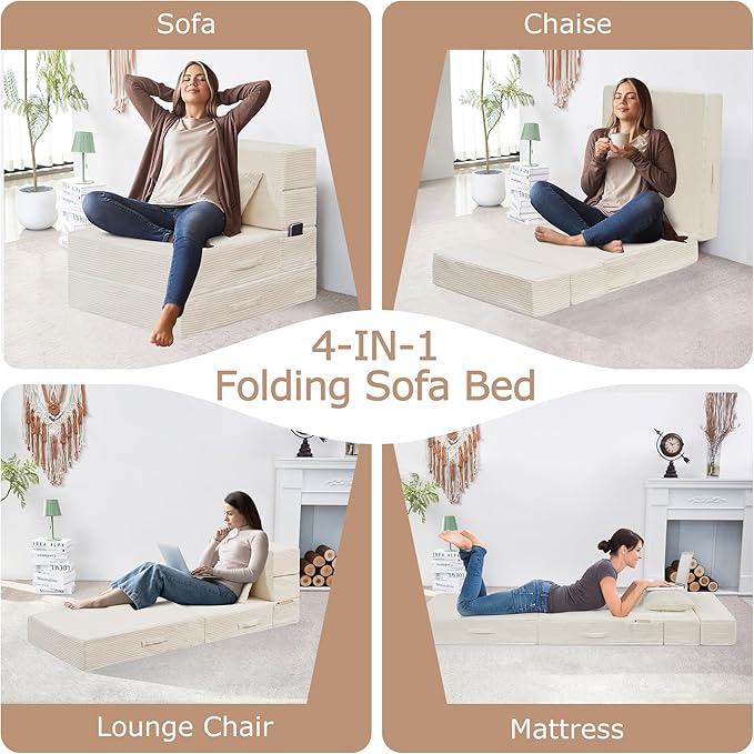 Folding Sofa Bed, 4 in 1 Convertible Sleeper Chair with Pillow, Single Memory Foam Fold Out Chair Bed, Modern Floor Futon Sofa Couch Mattress for Living Room/Guest/Apartment,Beige