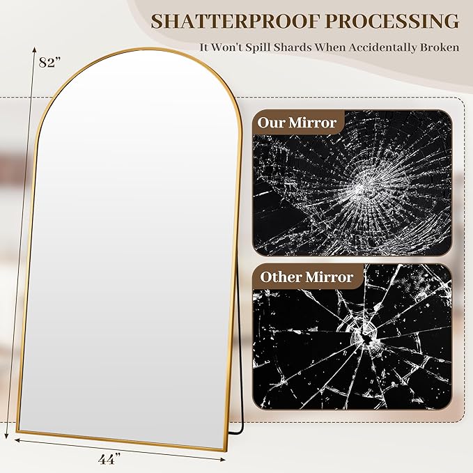 Suidia Arched Full Length Mirror, 82"x44" Floor Mirror Freestanding, Floor Standing Full Body Mirror with Stand for Bedroom, Hanging Leaning Mounted for Living Room Cloakroom, Gold