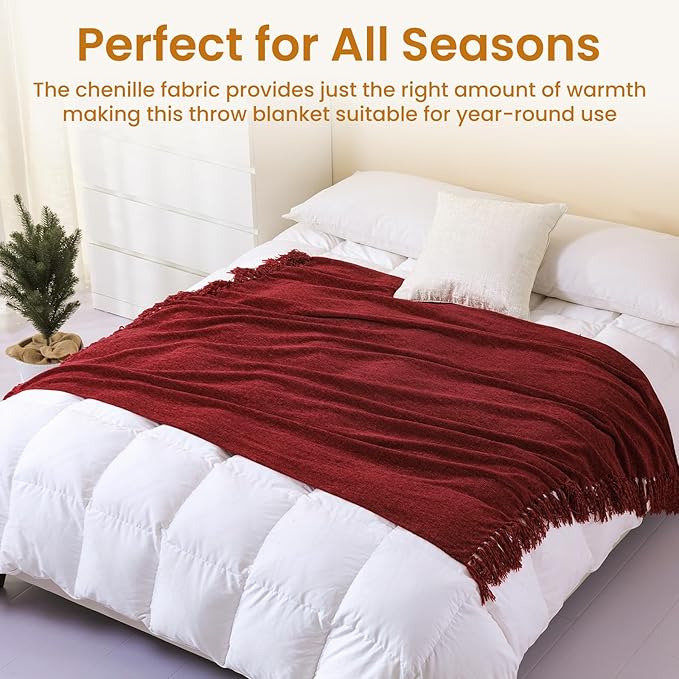 Burgundy Red Chenille Throw Blanket for Couch Bed，Soft Cozy Throw Blanket with Handmade Fringe, Decorative Blanket for Sofa Chair Living Room for Gift, (Burgundy Red)