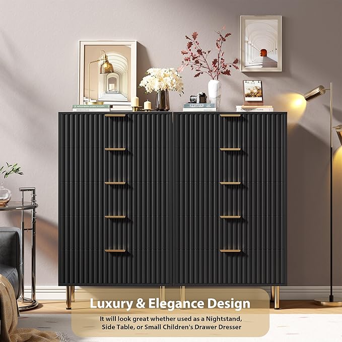 GarveeHome 5 Drawer Dresser for Bedroom, 48 in Tall Modern Chest of Drawers with Deep Drawers and Wide Top, Fluted Wooden Dresser Organizer for Living Room, Hallway, Kids Room, Black