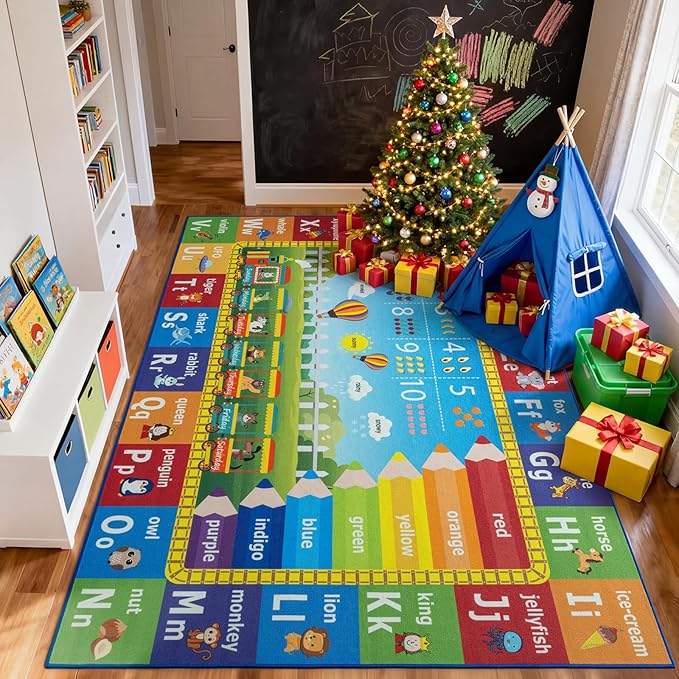 Unirea 6x9 Kids Rug for Playroom Classroom Bedroom, Washable Educational Play Mat with ABC Alphabet, Numbers, Animals for Living Room, Nursery, Colorful Learning Carpet for Toddlers, Rainbow
