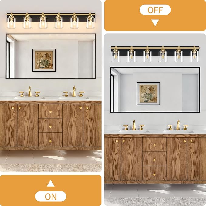 6 Light Modern Bathroom Light Fixtures Over Mirror, Black Gold Vanity Lights for Bathroom Wall Sconces with Clear Glass Shades, E26 Socket (Bulbs Not Included)