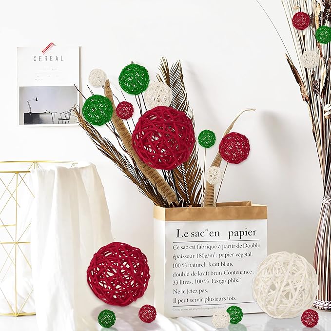 SANNIX 16PCS 3 Sizes Wicker Rattan Balls Christmas Ornaments Wedding Party Decorations Wicker Takraw Natural Orbs Red Green White Ratten Ball Home Yard Hanging Ornaments