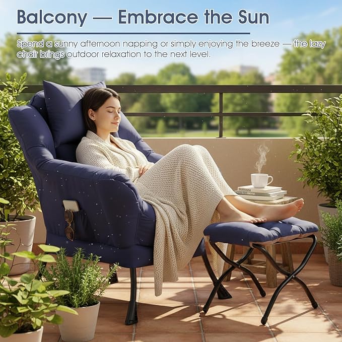 Lazy Chair with Ottoman, Large Lounge Accent Chair with Ottoman and a Throw Pillow, Navy Reading Chair for Living Room Bedroom Dorm Room Office Apartment Relaxing Use