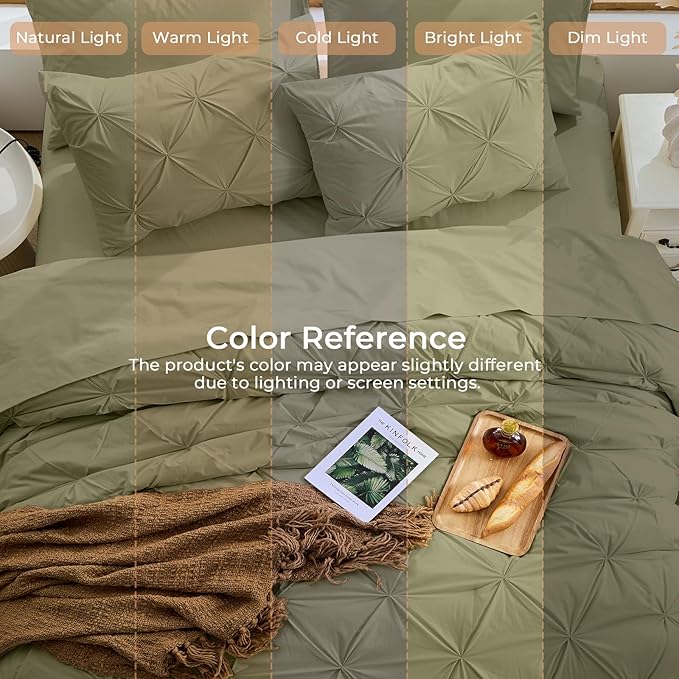 Sasttie Full Size Comforter Set, 7-Piece Bed in a Bag, Pintuck Bedding Sets for All Season, Includes Comforter, Flat Sheet, Fitted Sheet, Pillowcases and Pillowshams, Olive Green